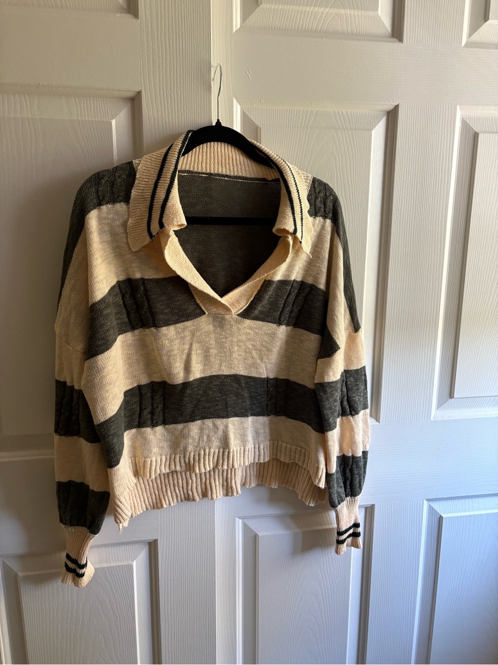 Striped V-Neck Polo Sweater in Cream and Olive